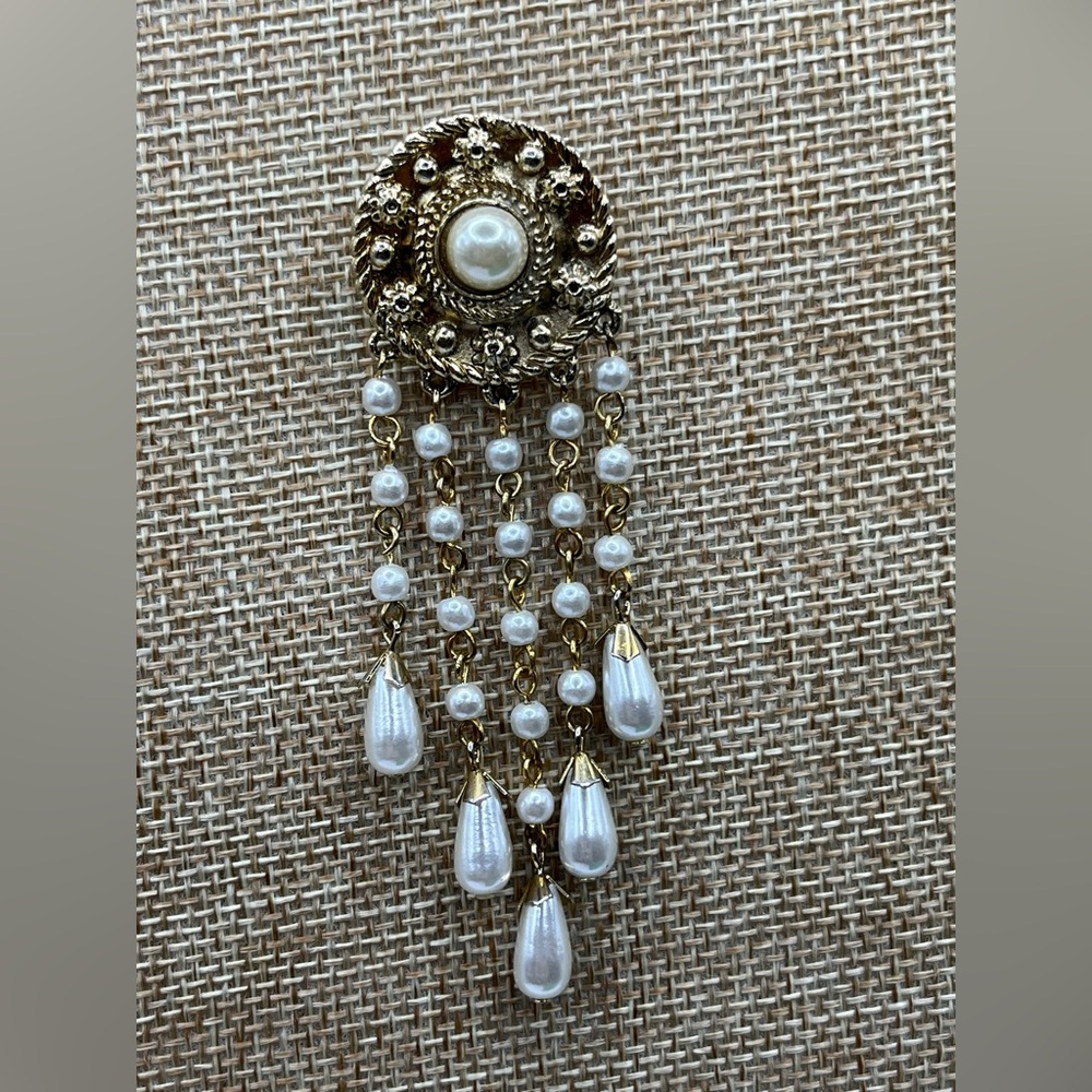 Gold Tone and Pearl Brooch Waterfall Victorian Style Brooch Teardrop